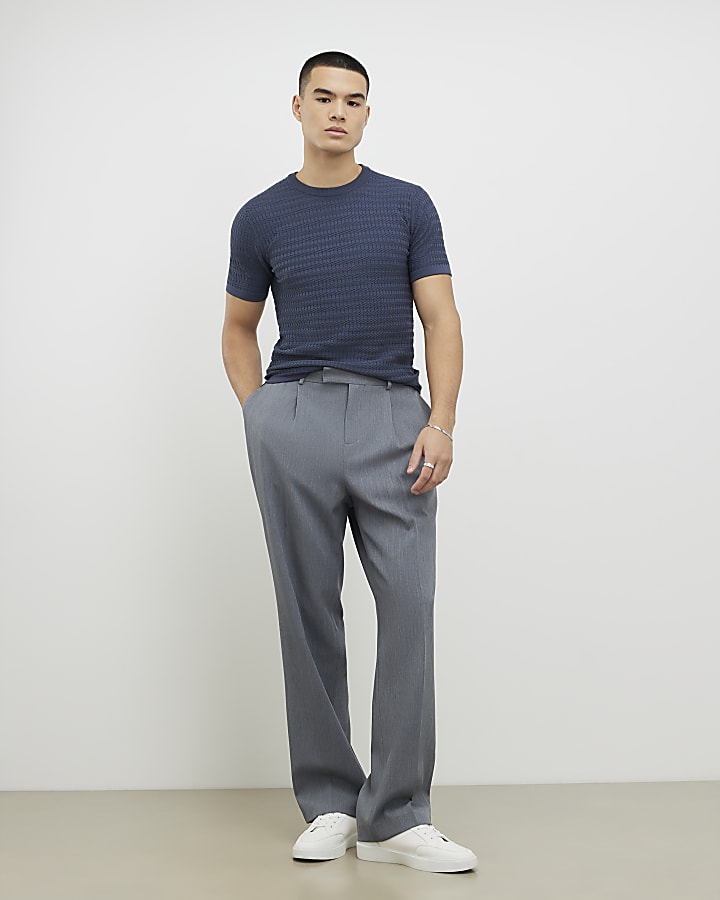 River Island Blue Muscle Fit Textured Knit T-Shirt