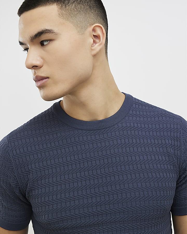River Island Blue Muscle Fit Textured Knit T-Shirt