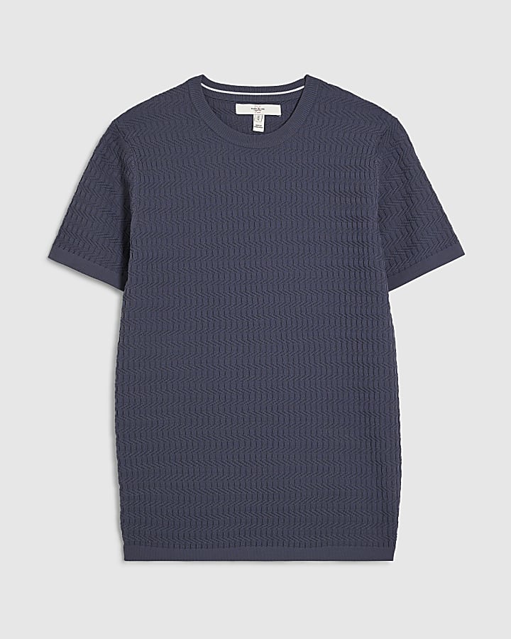 river island Blue Muscle Fit Textured Knit T-Shirt