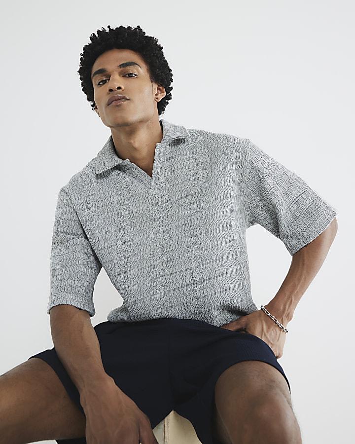 River Island Blue Open Neck Plisse Polo Shirt