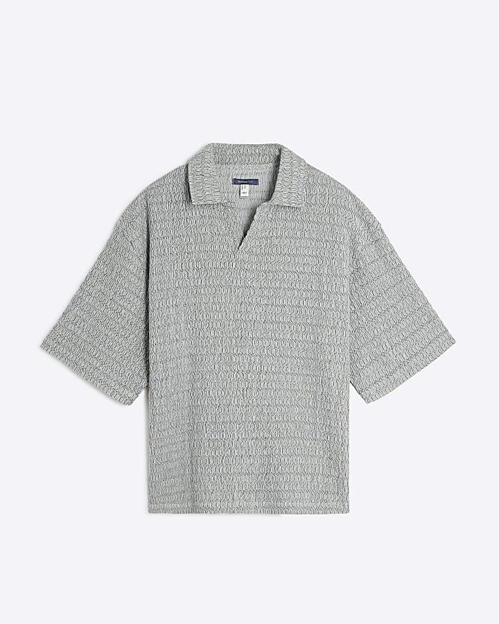 river island Blue Open Neck Plisse Polo Shirt