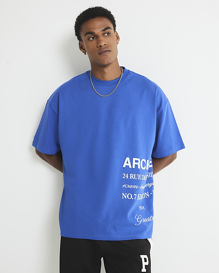 River Island Blue Oversized Fit Archive T-Shirt