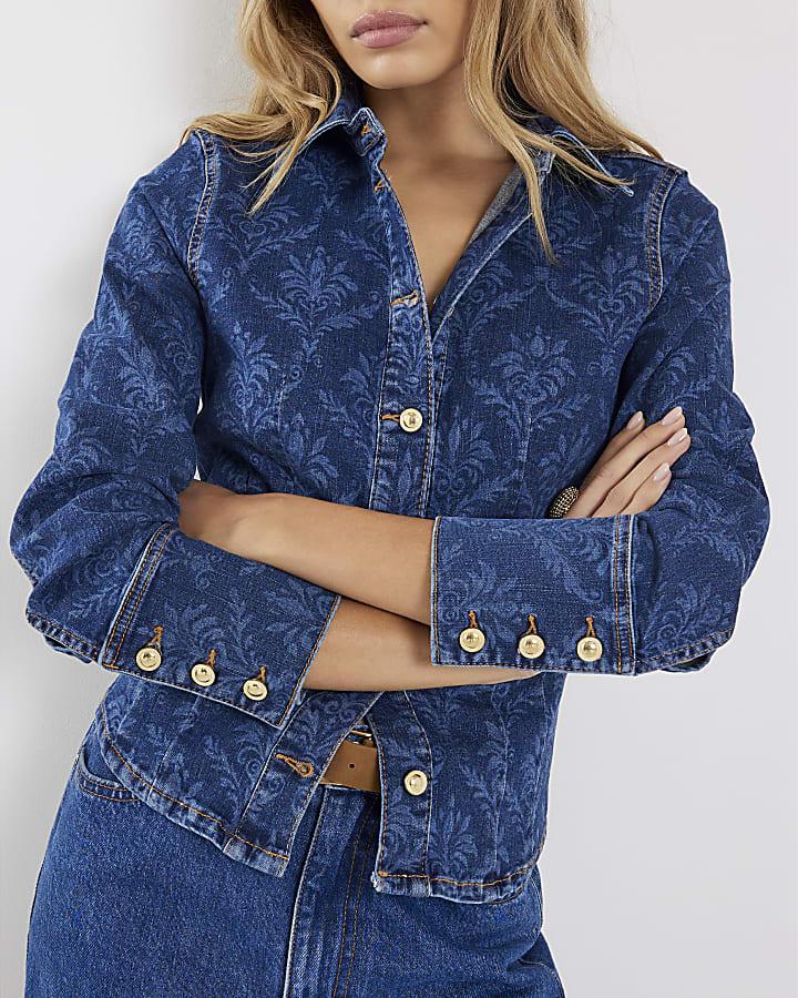 River Island Blue Paisley Print Fitted Denim Shirt