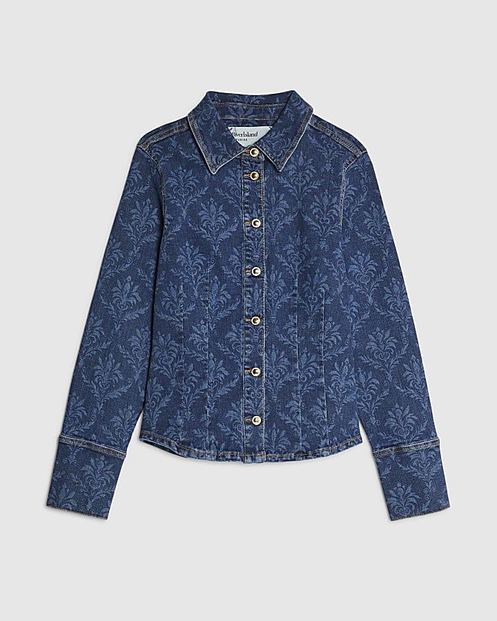 river island Blue Paisley Print Fitted Denim Shirt