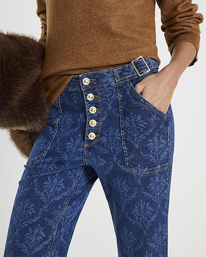 River Island Blue Paisley Relaxed Flared Jeans