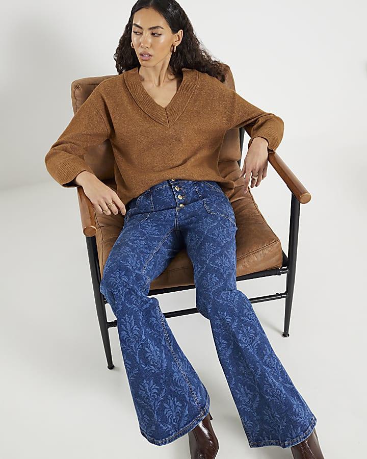 River Island Blue Paisley Relaxed Flared Jeans