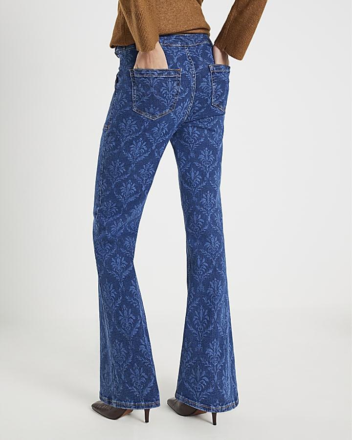 River Island Blue Paisley Relaxed Flared Jeans