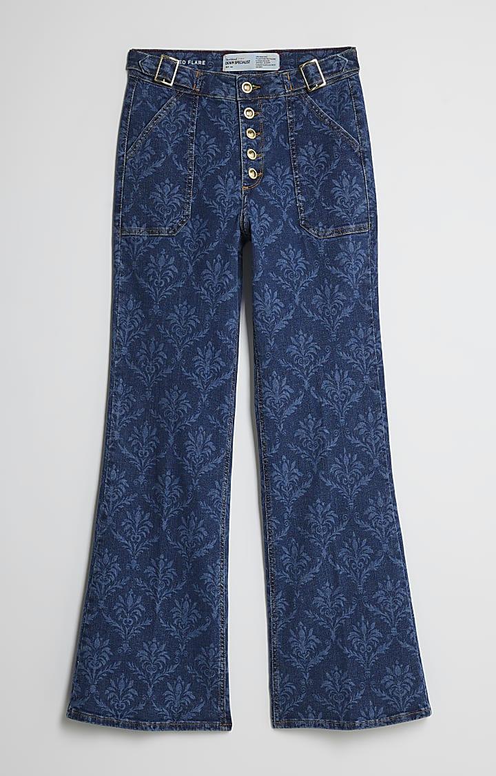river island Blue Paisley Relaxed Flared Jeans