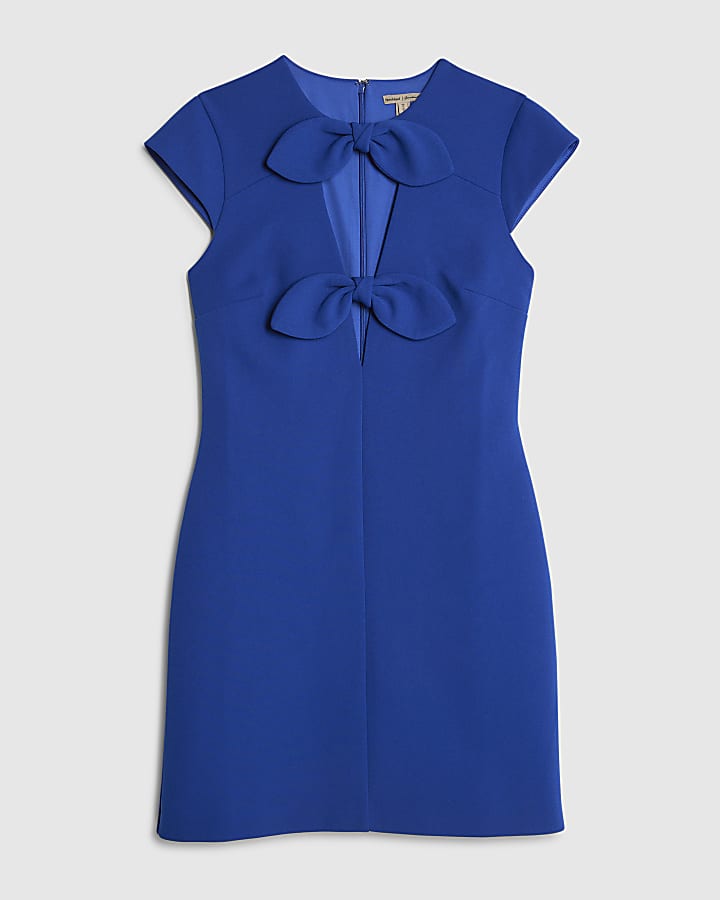 river island Blue Plunge Neckline Bow Mini Dress