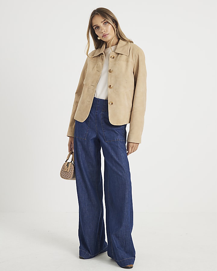 River Island Blue Pull On Wide Leg Jeans