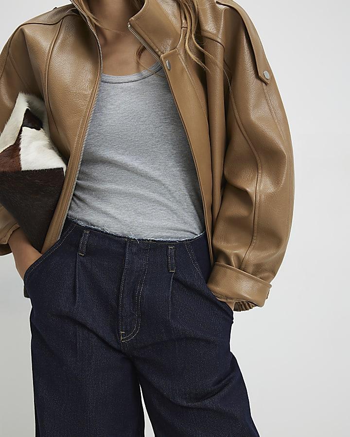 River Island Blue Raw Waistband Wide Leg Jeans