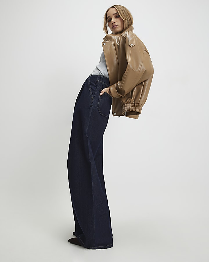 River Island Blue Raw Waistband Wide Leg Jeans