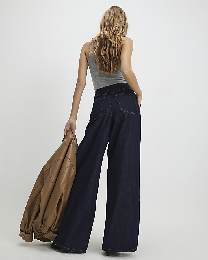 River Island Blue Raw Waistband Wide Leg Jeans