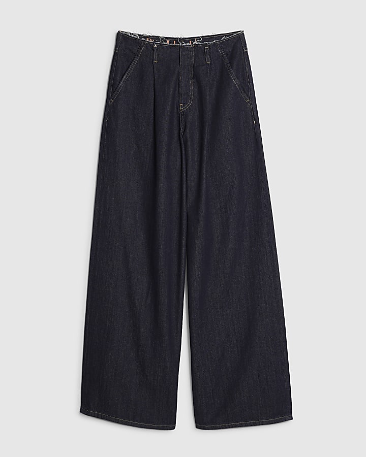 river island Blue Raw Waistband Wide Leg Jeans