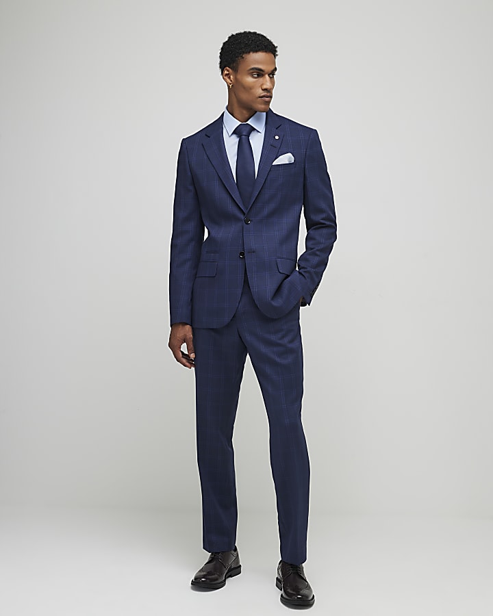 River Island Blue Regular Fit Check Suit Jacket