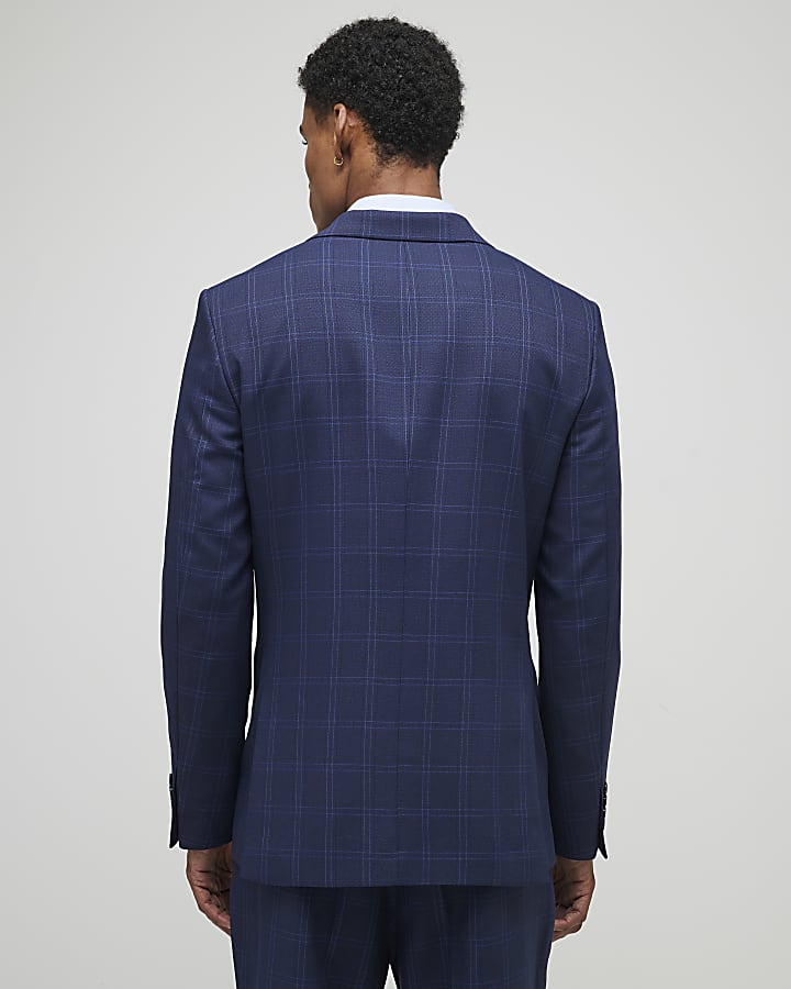 River Island Blue Regular Fit Check Suit Jacket