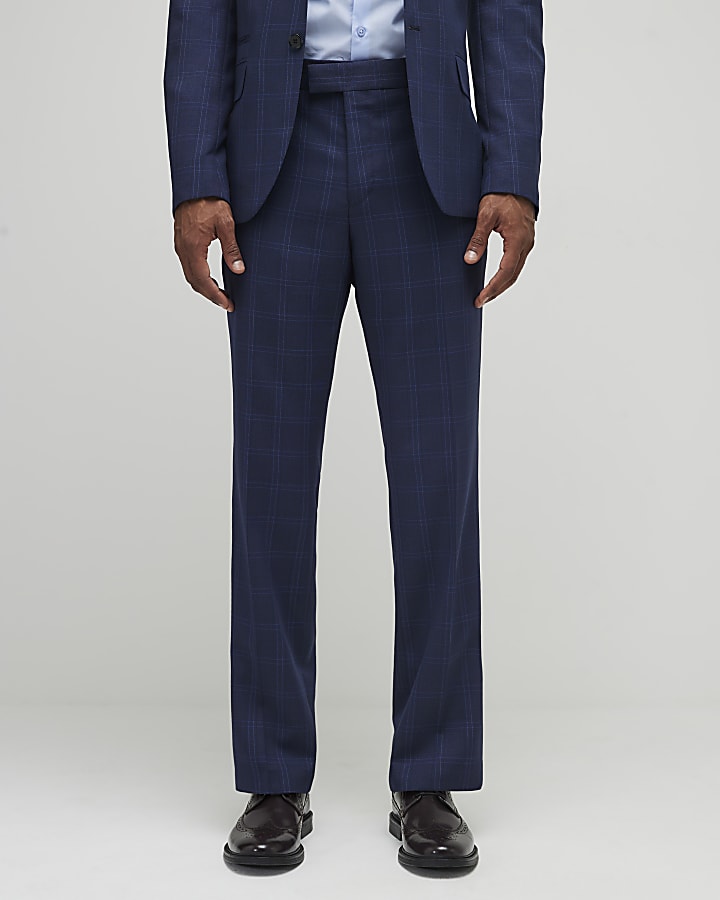 River Island Blue Regular Fit Check Suit Trousers