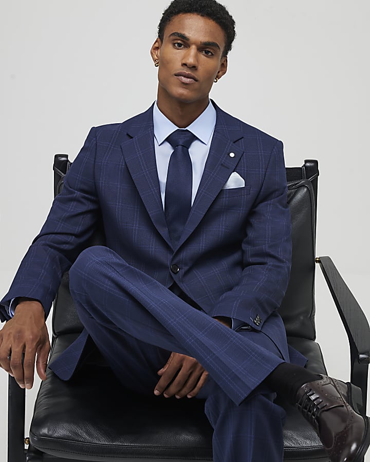 River Island Blue Regular Fit Check Suit Trousers