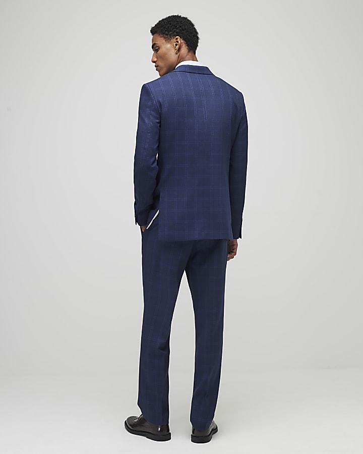 River Island Blue Regular Fit Check Suit Trousers