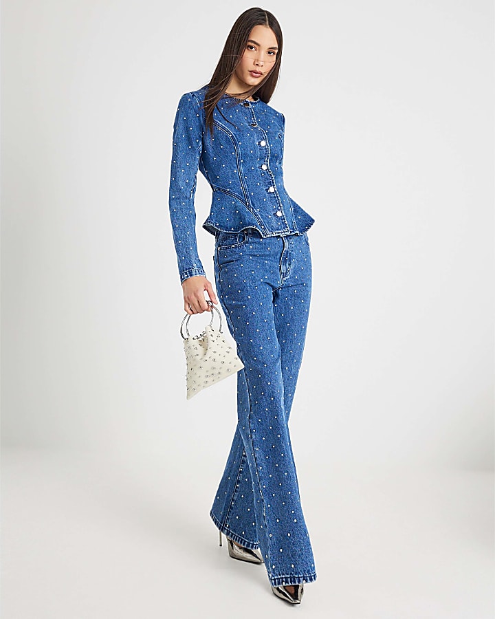 River Island Blue Relaxed Straight Diamante Jeans