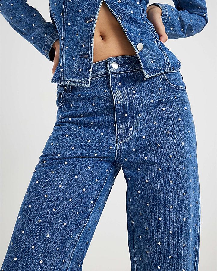 River Island Blue Relaxed Straight Diamante Jeans