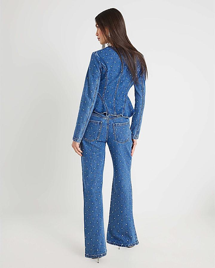 river island Blue Relaxed Straight Diamante Jeans
