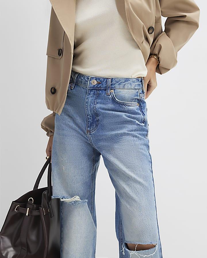 River Island Blue Ripped Relaxed Straight Jeans
