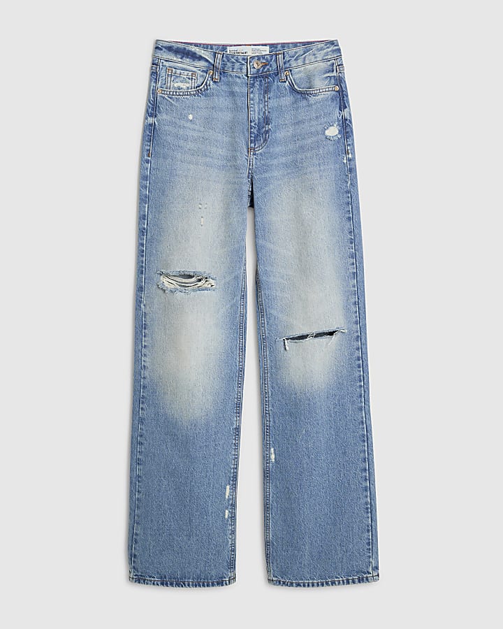river island Blue Ripped Relaxed Straight Jeans