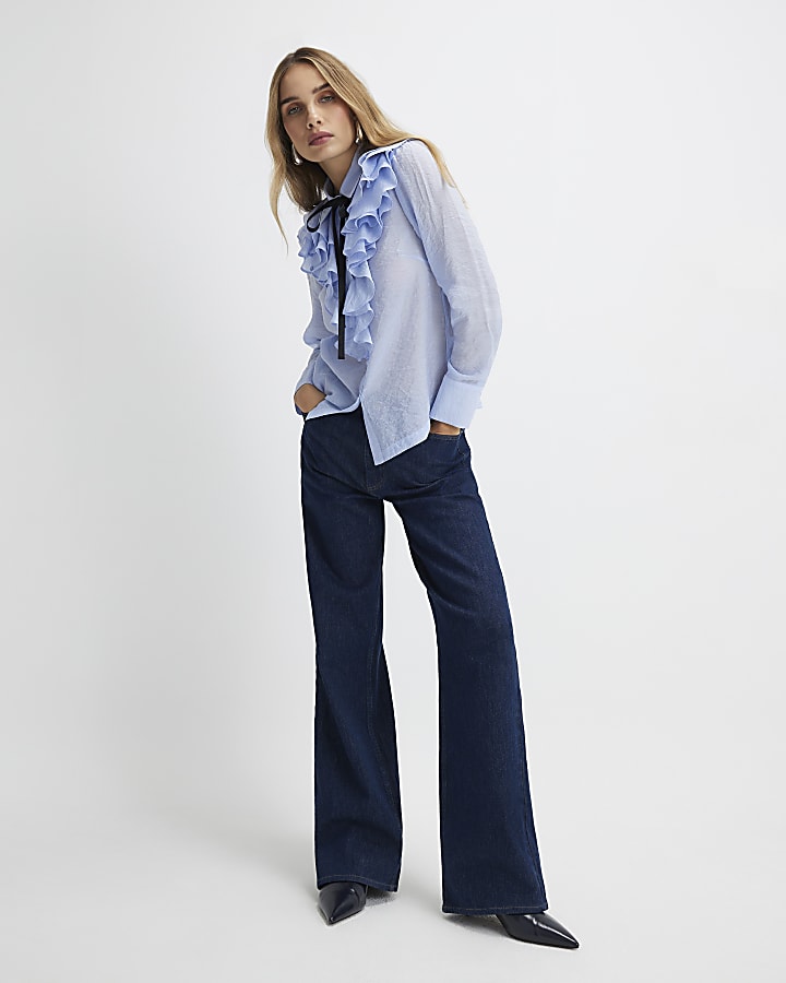 River Island Blue Ruffle Tie Neck Blouse