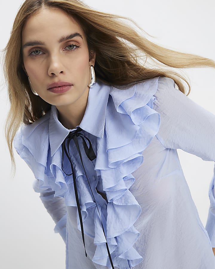 River Island Blue Ruffle Tie Neck Blouse