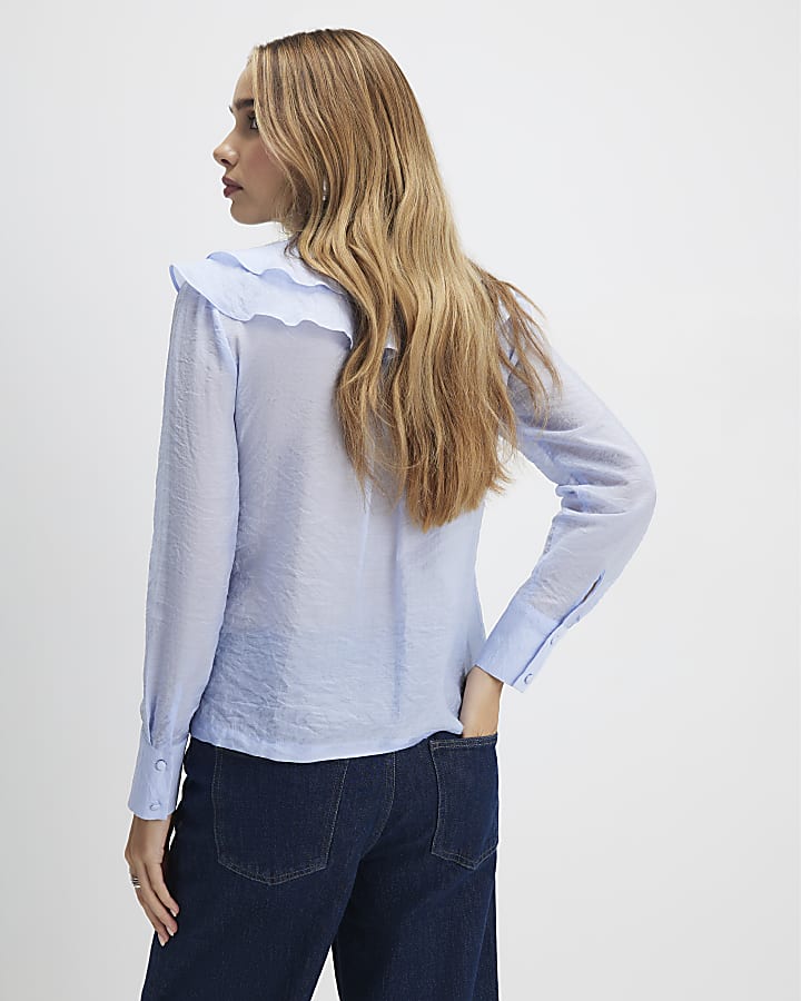River Island Blue Ruffle Tie Neck Blouse