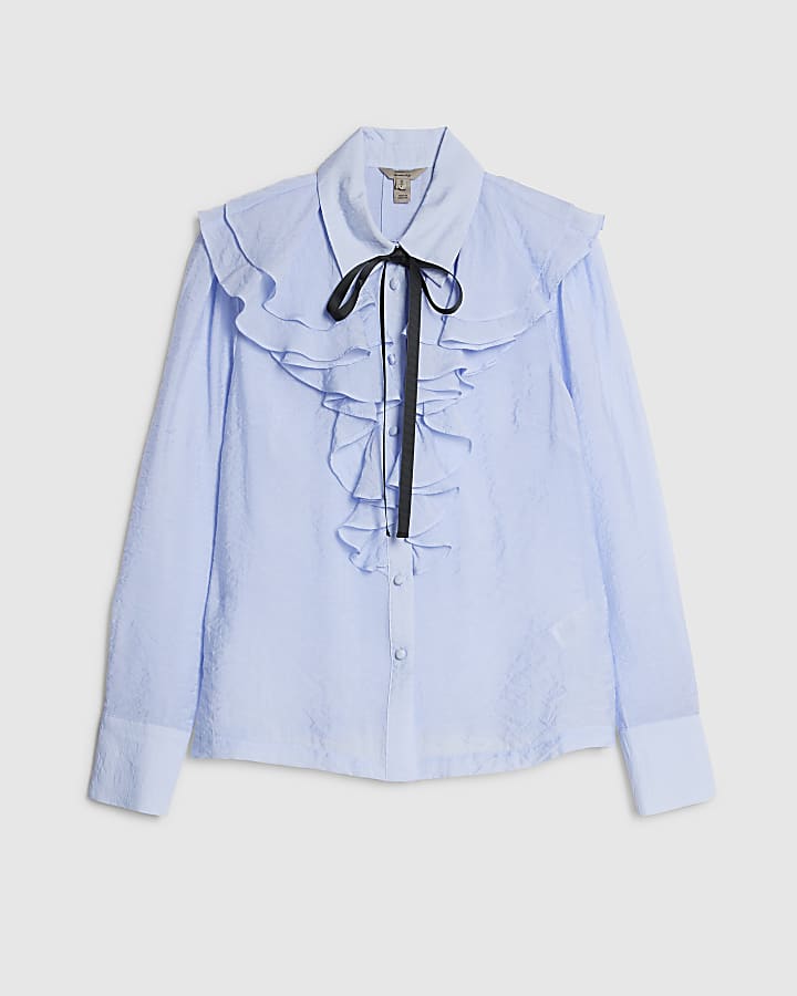 river island Blue Ruffle Tie Neck Blouse