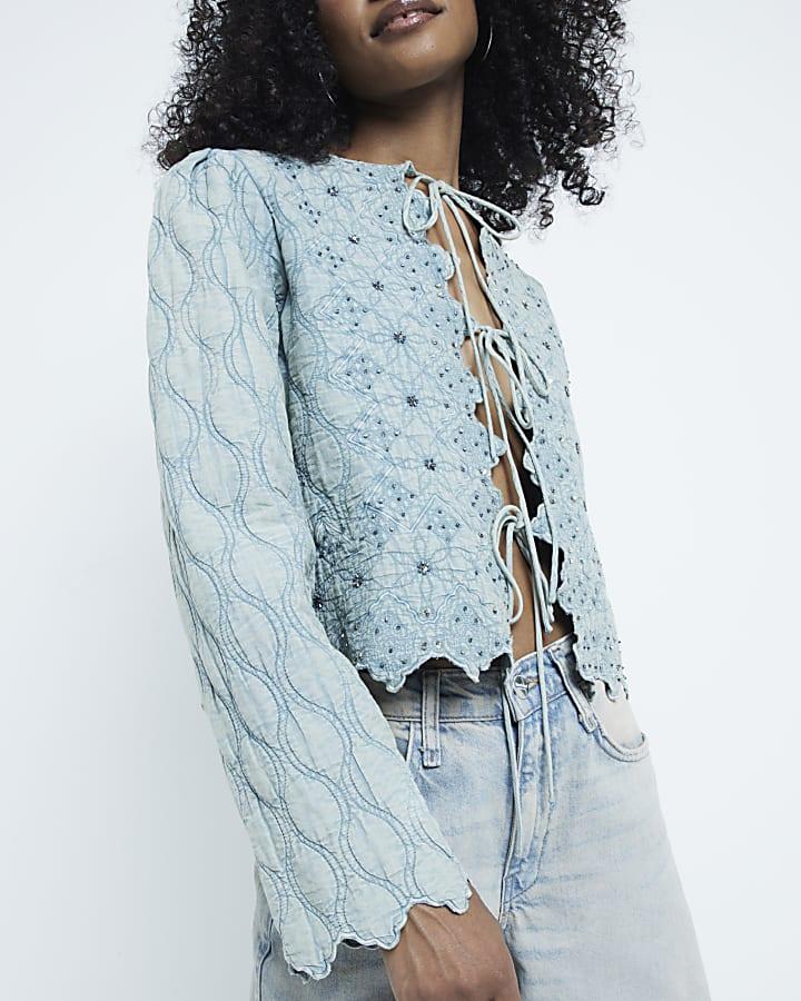 River Island Blue Sequin Tie Up Quilted Jacket