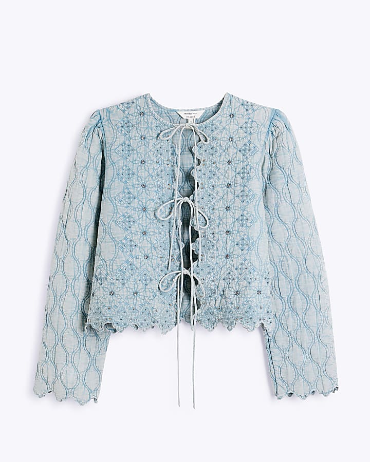 river island Blue sequin tie up quilted jacket