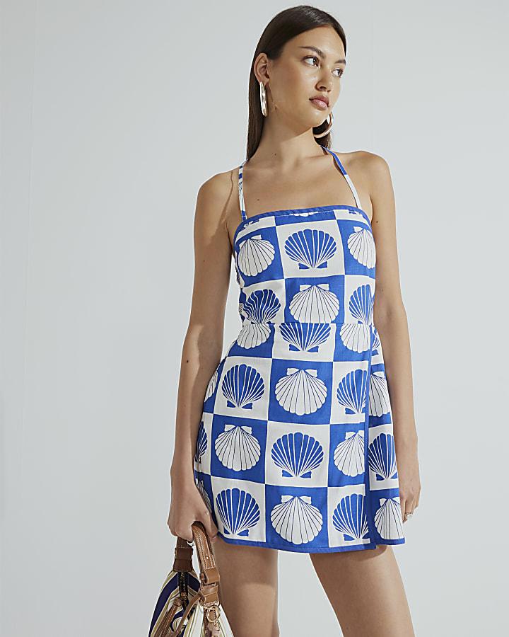 River Island Blue Shell Print Playsuit