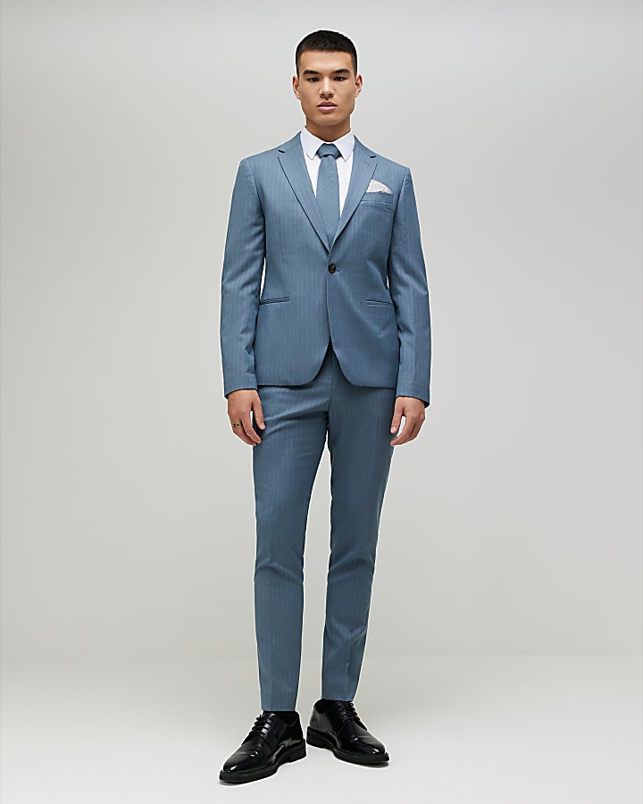 River Island Blue Skinny Fit Pinstripe Suit Jacket