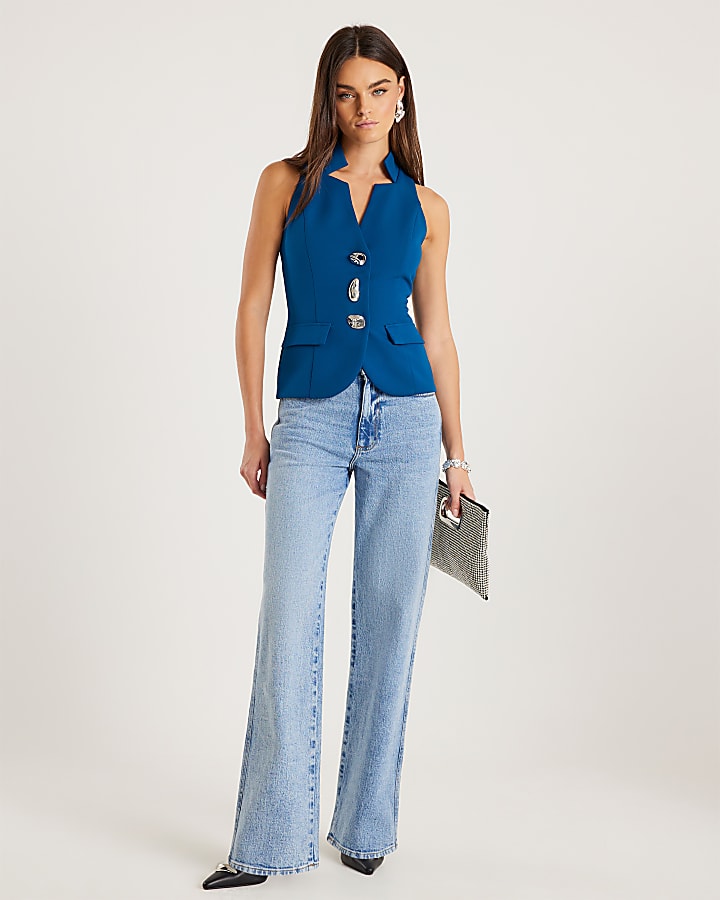 River Island Blue Sleeveless Button Waistcoat