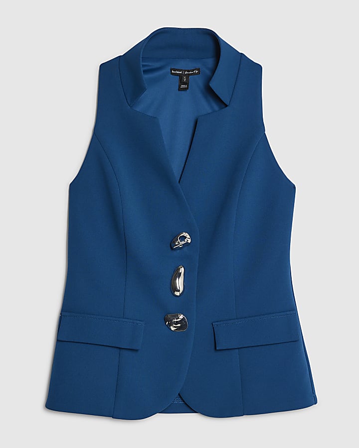 river island Blue Sleeveless Button Waistcoat
