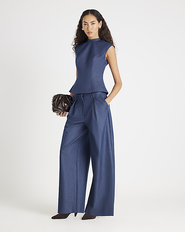 River Island Blue Sleeveless Denim Bow Back Top