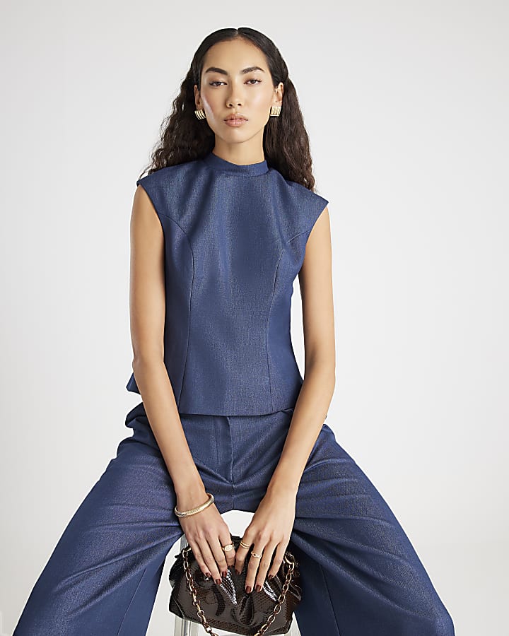 River Island Blue Sleeveless Denim Bow Back Top