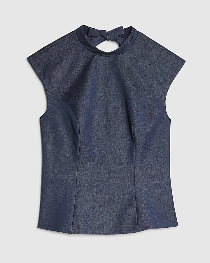 river island Blue Sleeveless Denim Bow Back Top