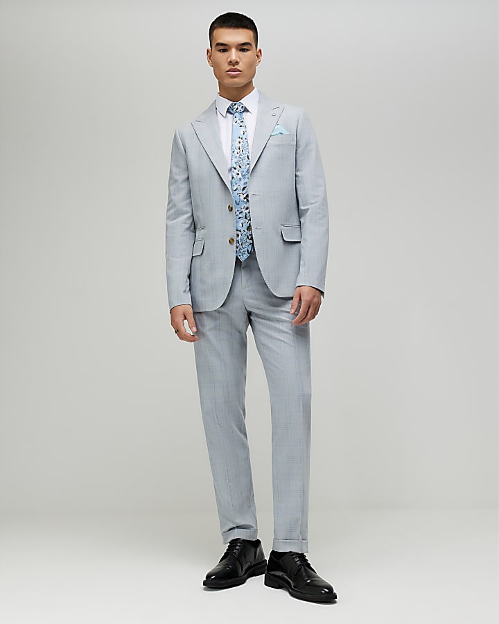River Island Blue Slim Fit Check Suit Jacket