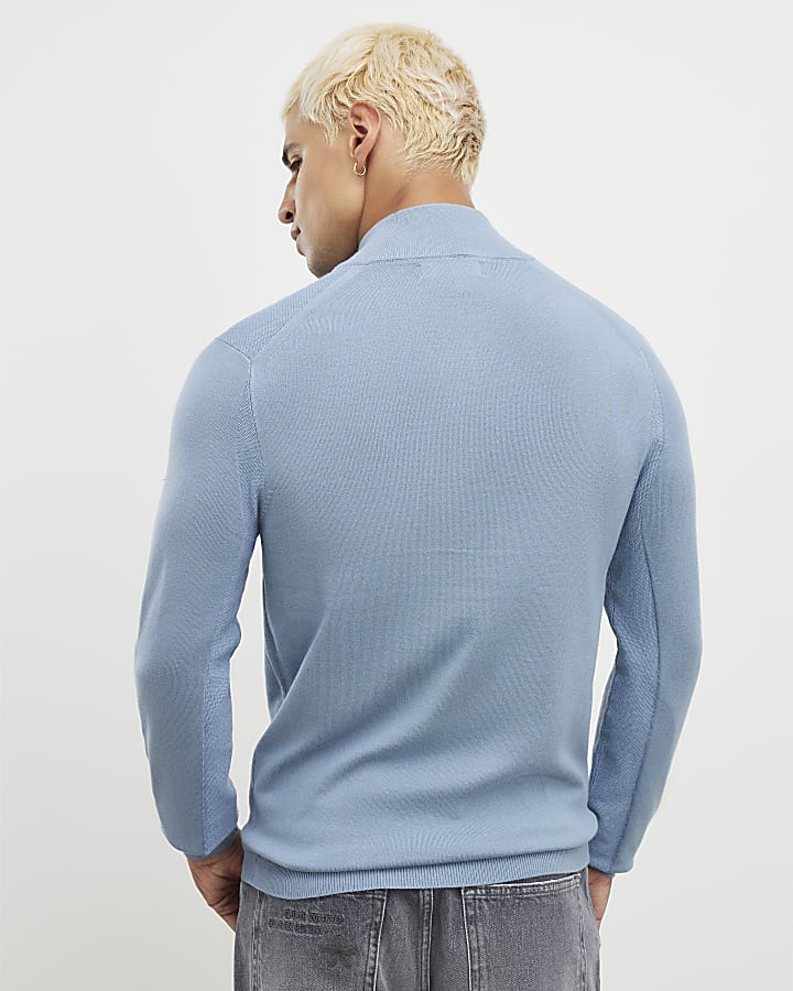 River Island Blue Slim Fit Half Zip Jumper