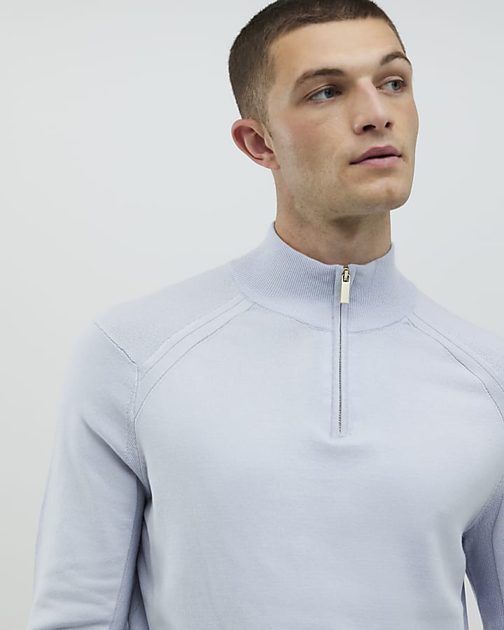 River Island Blue Slim Fit Half Zip Jumpers