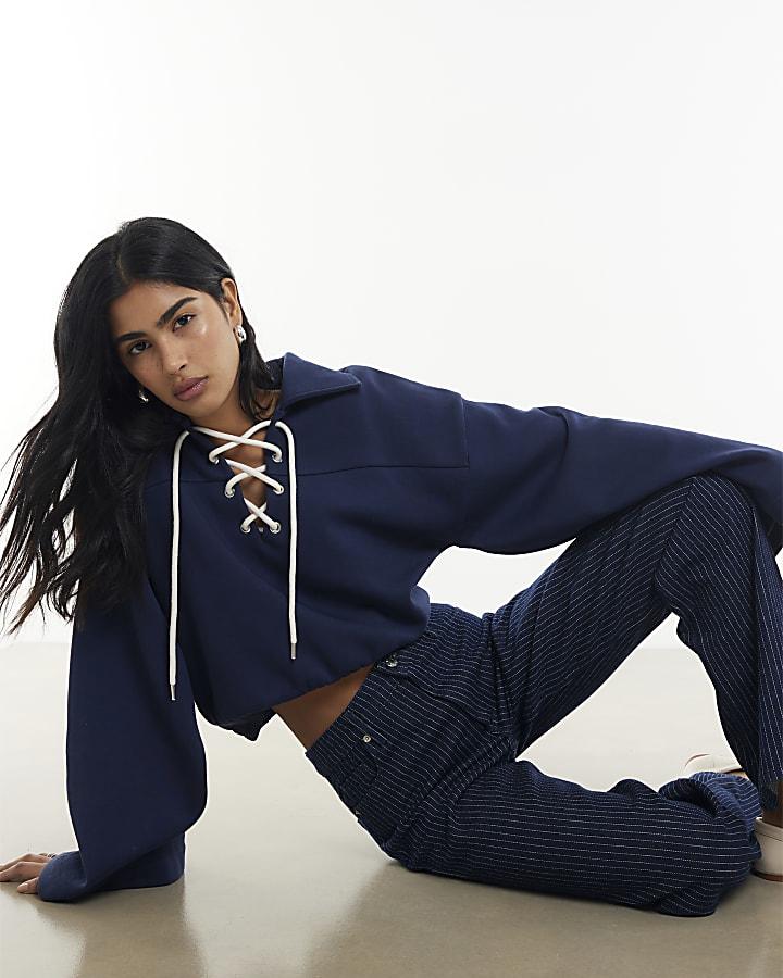 River Island Blue Stripe Relaxed Straight Jeans