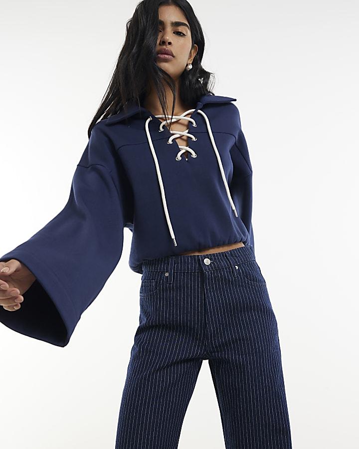 River Island Blue Stripe Relaxed Straight Jeans