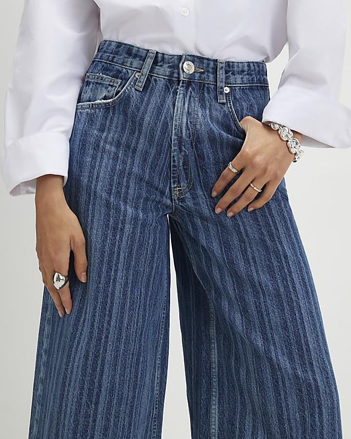 River Island Blue Stripe Wide Leg Jeans