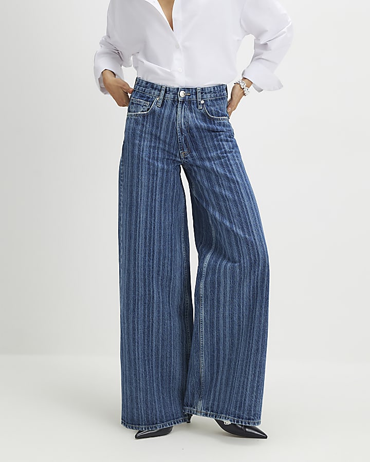 River Island Blue Stripe Wide Leg Jeans