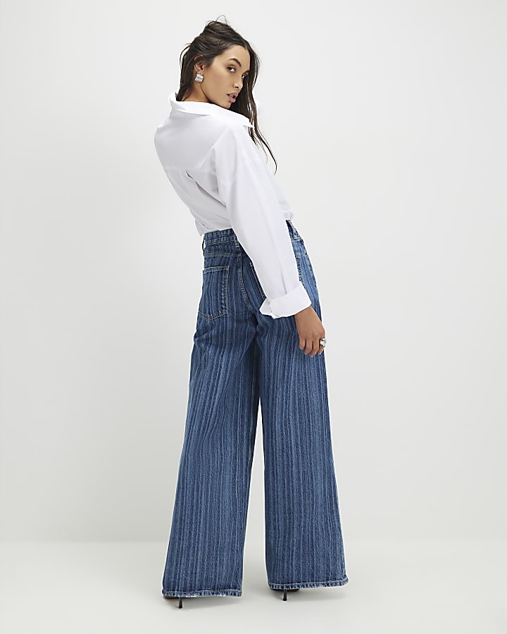 River Island Blue Stripe Wide Leg Jeans