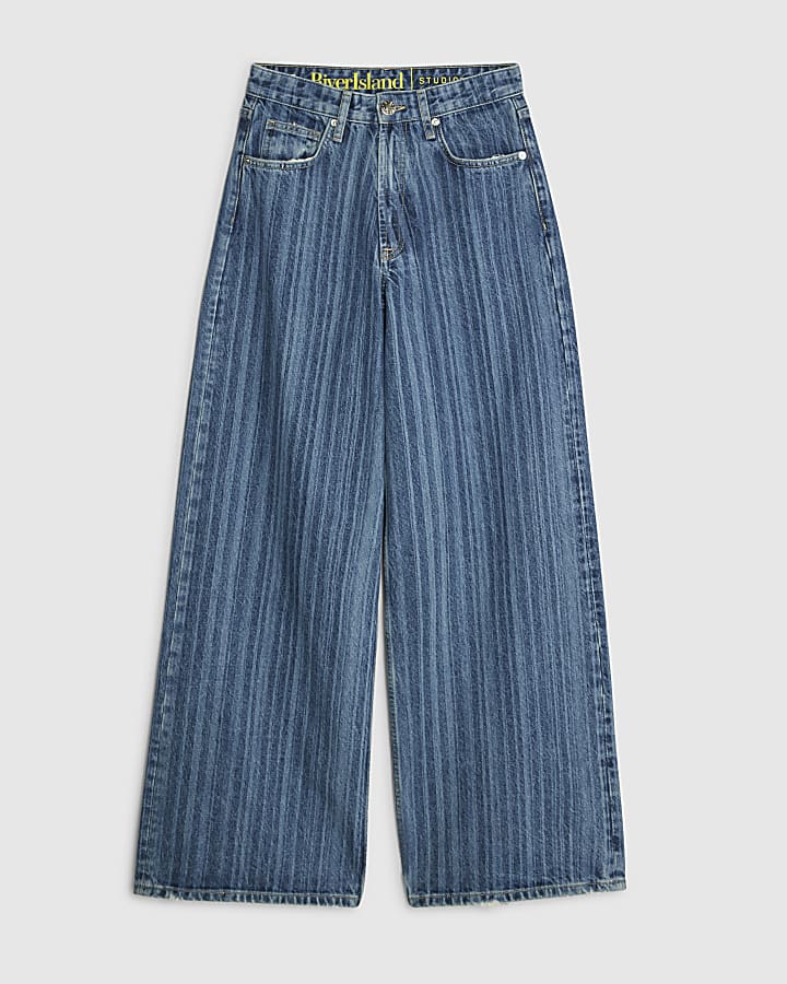 river island Blue Stripe Wide Leg Jeans